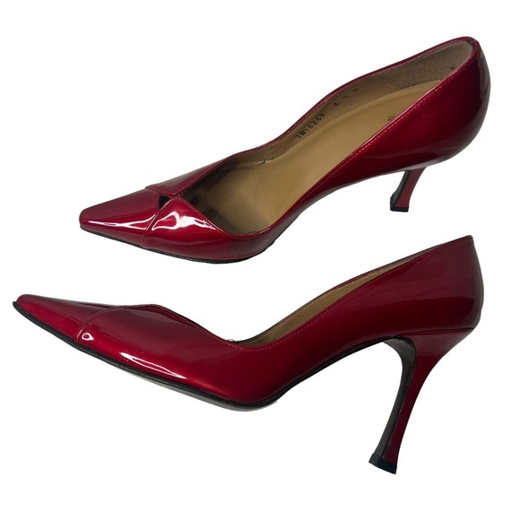 Stuart Weitzman SZ 6.5 Red Patent Leather Pointed Toe Candy Apple Slip on Pumps - Picture 7 of 10